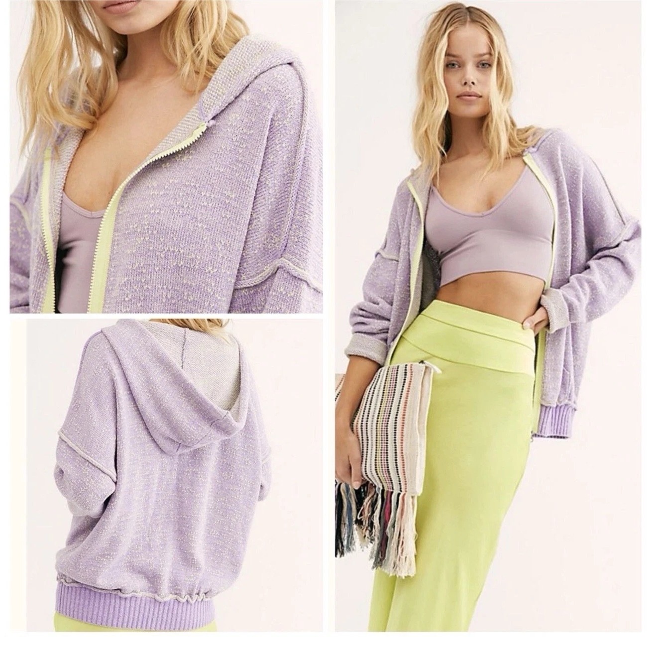 Free People Hoodie Womens L Purple Full Zip Oversized Knit Sweater Slouchy Boho
